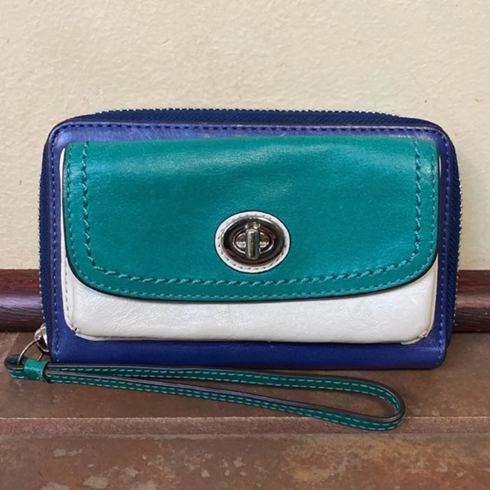 Coach Parker Tri-Color Leather Wristlet Wallet in Teal, White & Blue